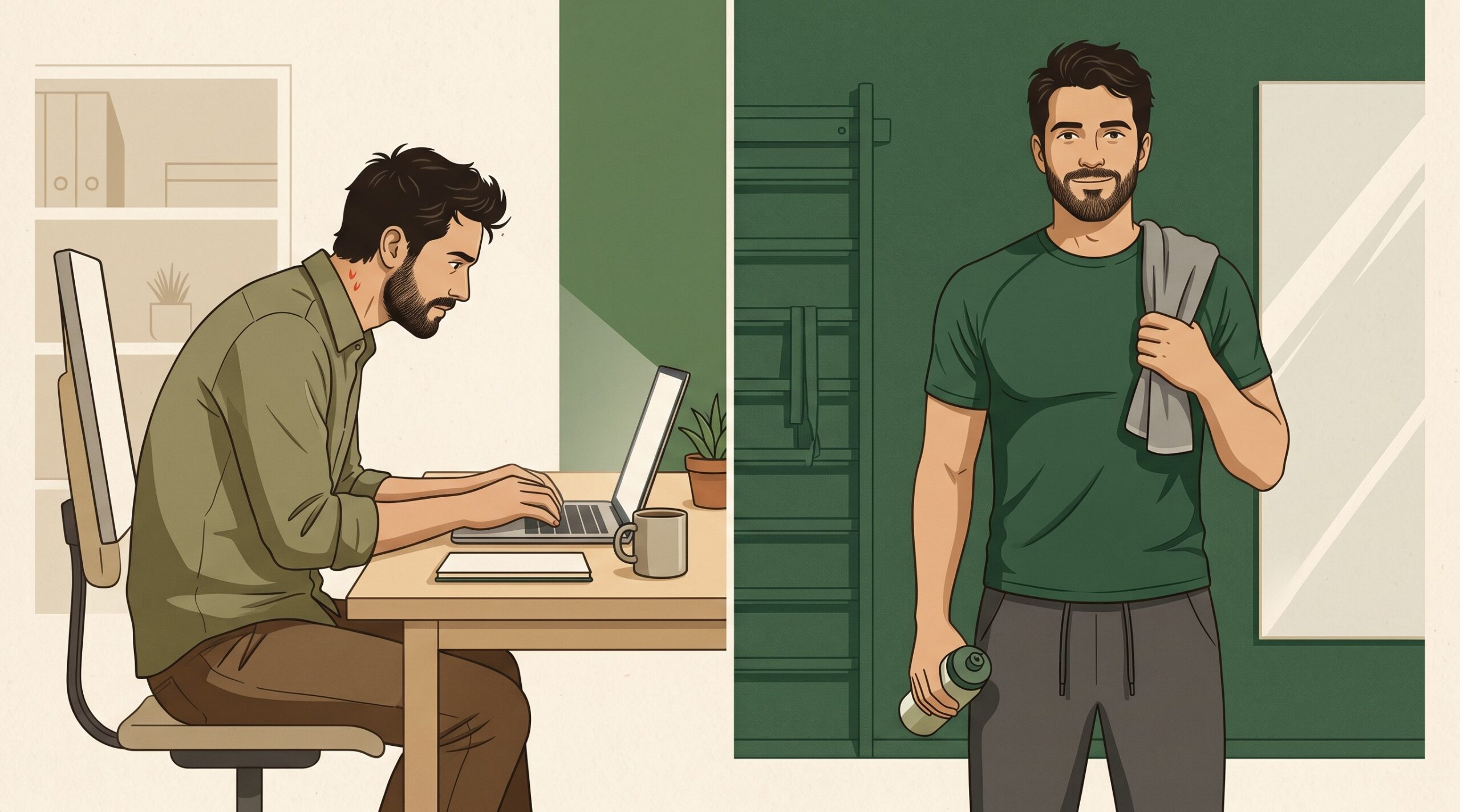 Comparaison posture bureau dos voûté vs posture corrigée après musculation — prévention TMS