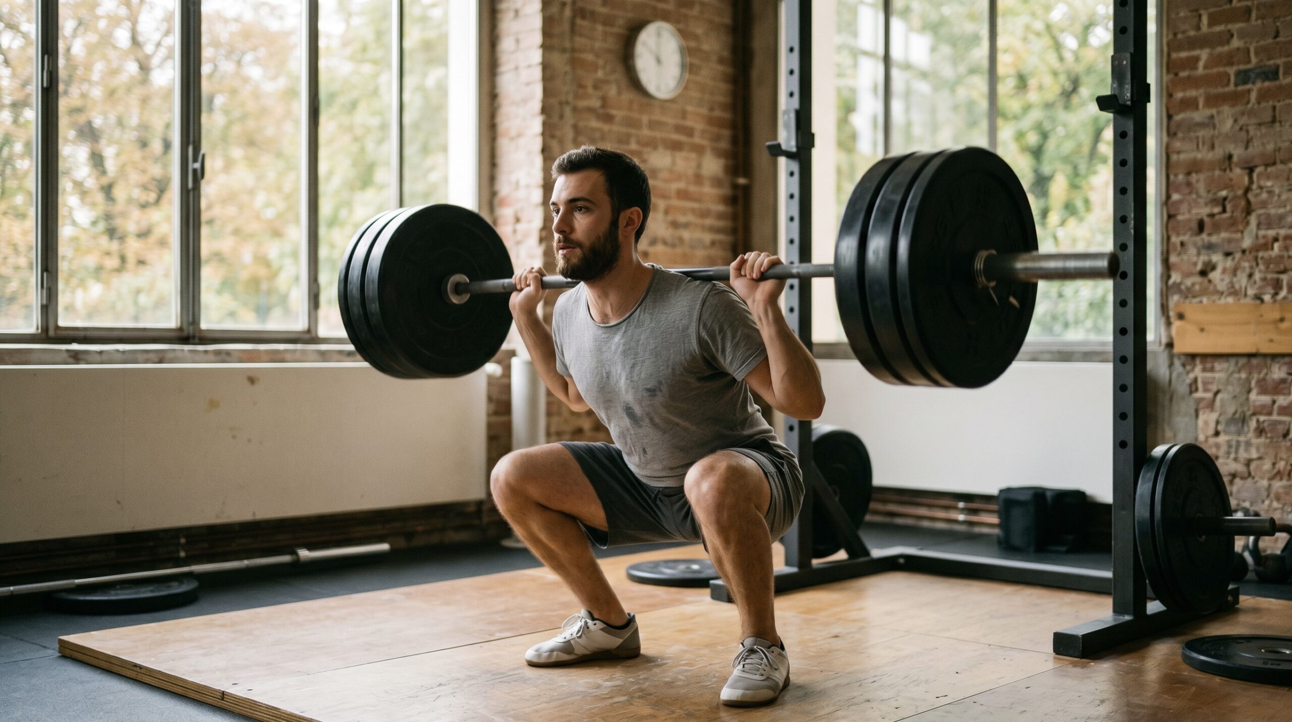 Squat barre en salle de musculation — exercice de base débutant technique correcte